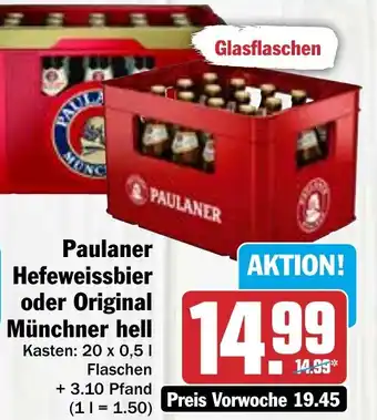 Hit Paulaner Hefeweissbier oder Original Münchner Hell 20x0,5 L Flaschen Angebot