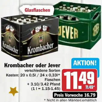 Hit Krombacher oder Jever 20x0,5/24x0,33 L Flaschen Angebot