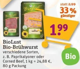 tegut BioLust Bio-Brühwurst 80 g Packung Angebot