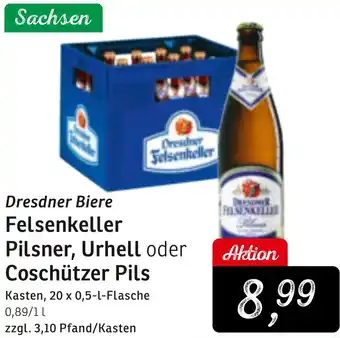 KONSUM Dresdner Biere Felsenkeller Pilsner, Urhell oder Coschützer Pils 20x0,5 L Flasche Angebot