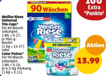 PENNY Weißer Riese Universal Trio-Caps 960 g Beutel oder Color Pulver 4,5 kg Packung Angebot