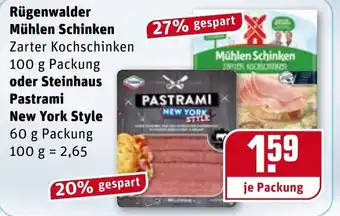 REWE Rügenwalder Mühlen Schinken 100g oder Steinhaus Pastrami New York Style 60g Angebot