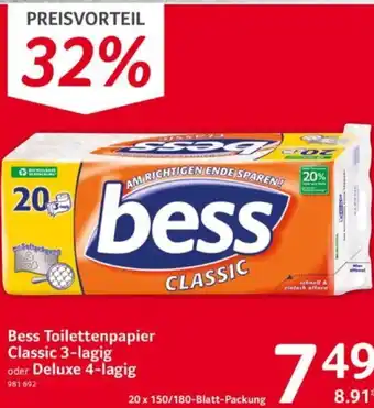 Selgros Bess Toilettenpapier Classic 3-lagig oder Deluxe 4-lagig 20 x 150/180-Blatt-Packung Angebot