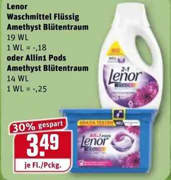 REWE Lenor Waschmittel Flüssig Amethyst Blütentraum oder All in 1 Pods Amethyst Blütentraum Angebot