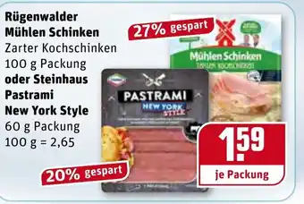 REWE Center Rügenwalder Mühlen Schinken 100g oder Steinhaus Pastrami New York Style 60g Angebot