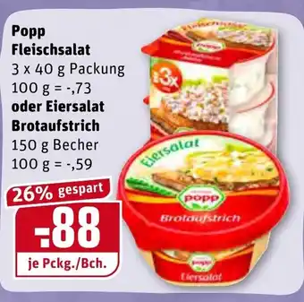 REWE Center Popp Fleischsalat 3x40g oder Eiersalat Brotaufstrich 150g Becher Angebot