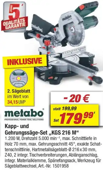 toom Baumarkt Metabo Kapp und Gehrungssäge-Set ,,KGS 216 M" Angebot