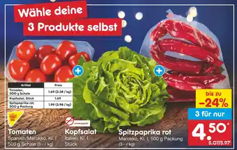 Netto Marken-Discount Tomaten, 500 g Schale Kopfsalat, Stück Spitzpaprika rot, 500 g Packung 3 für nur Angebot