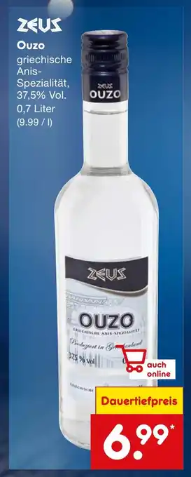 Netto Marken-Discount ZEUS OUZO griechische Anis-Spezialität, 37,5% Vol. 0,7 Liter Angebot