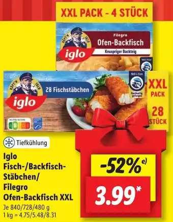 Lidl Iglo Fisch-/Backfisch Stäbchen/ Filegro Ofen-Backfisch XXL 840/728/480 g Angebot