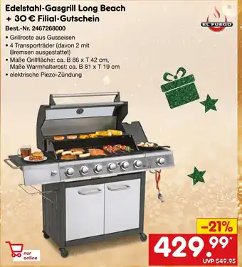 Netto Marken-Discount EL FUEGO Edelstahl-Gasgrill Long Beach + 30 € Filial-Gutschein Angebot