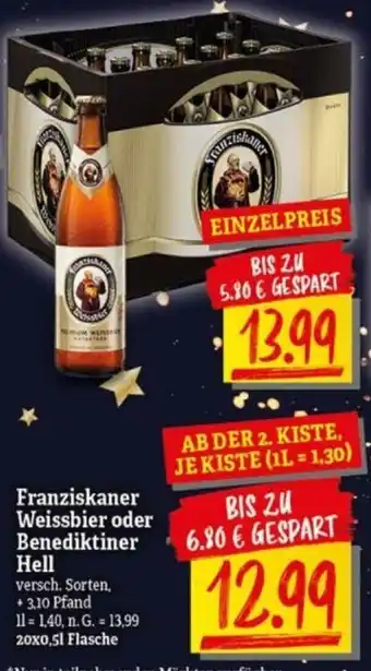 NP Discount Franziskaner Weissbier oder Benediktiner Hell versch. Sorten, 20*500ml Angebot