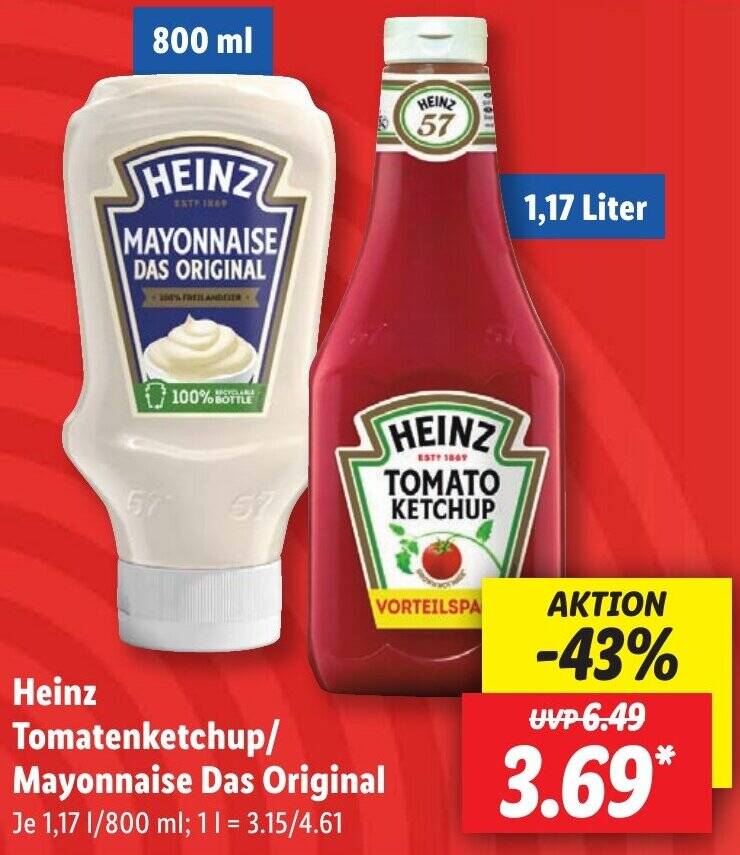 Heinz Tomatenketchup/ Mayonnaise Das Original 1,17 L/800 ml Angebot bei