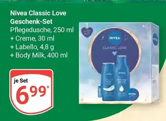 Globus Nivea Classic Love Geschenk-Set Pflegedusche, 250 ml + Creme, 30 ml + Labello, 4,8 g + Body Milk, 400 ml Angebot