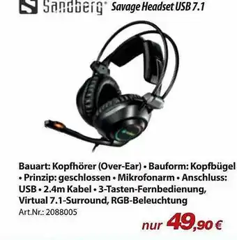 ACom PC Sandberg Savage Headset Usb 7.1 Angebot