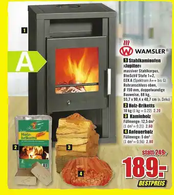 B1 Discount Baumarkt Wamsler Stahlkaminofen Jupiter, Holz-briketts, Kaminholz, Anfeuerholz Angebot