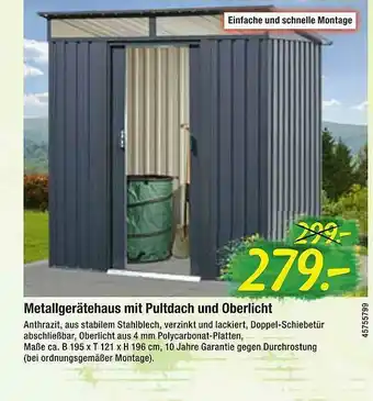 Floraland Metallgerätehaus Mit Pultdach Und Oberlicht Angebot