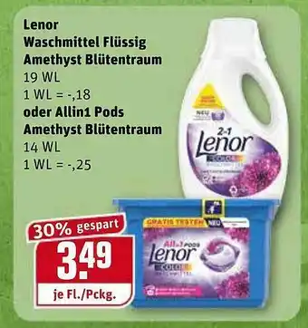 REWE Lenor Waschmittel Flüssig Amethyst Blütentraum Oder Allin1 Pods Amethyst Blütentraum Angebot