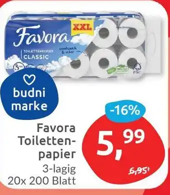 Budni Favora Toilettenpapier 3-lagig 20x 200 Blatt Angebot