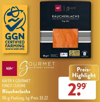 Aldi Süd KÄFER X GOURMET FINEST CUISINE Räucherlachs 90 g Packung Angebot