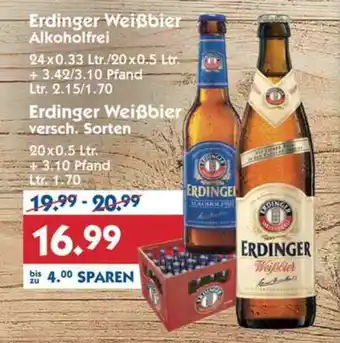 Hol'ab Getränkemarkt Erdinger Weißbier Alkoholfrei 24*330/20*500ml o. Erdinger Weißbier 20*500ml Angebot