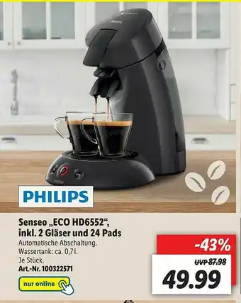 Lidl Philips Senseo „eco Hd6552” Inkl. 2 Gläser Und 24 Pads Angebot