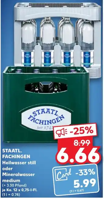 Kaufland STAATL. FACHINGEN Heilwasser still oder Mineralwasser medium Ka. 12x0,75 L-Fl. Angebot