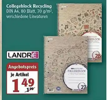 Globus Landré Collegeblock Recycling Angebot