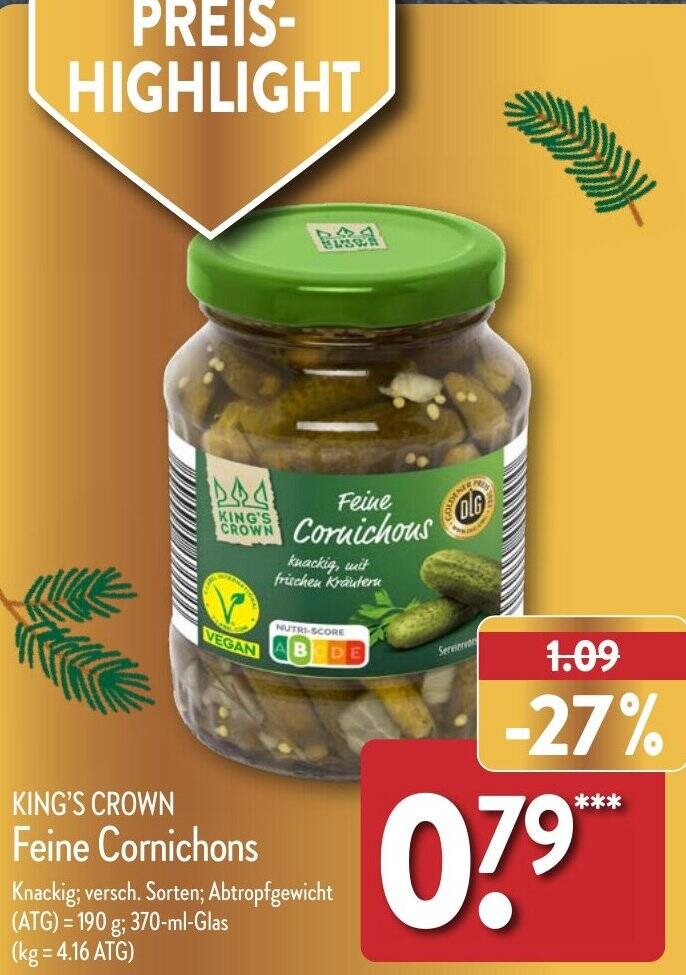 KING'S CROWN Feine Cornichons 370 ml Glas Angebot bei Aldi Nord