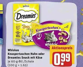 REWE Whiskas Knuspertaschen Huhn Oder Dreamies Snack Mit Käse Angebot