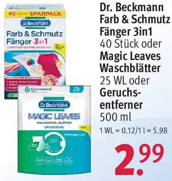 Rossmann Dr. Beckmann Farb & Schmutz Fänger 3in1, 40 Stück oder Magic Leaves Waschblätter 25 WL oder Geruchsentferner 500 ml Angebot