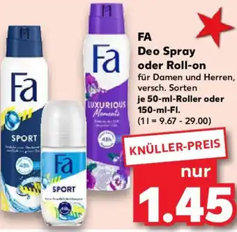 Kaufland FA Deo Spray oder Roll-on 50 ml Roller oder 150 ml FI. Angebot