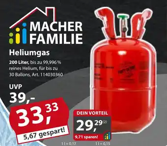 Sonderpreis Baumarkt Heliumgas 200 Liter, bis zu 99,996 % reines Helium, für bis zu 30 Ballons Angebot