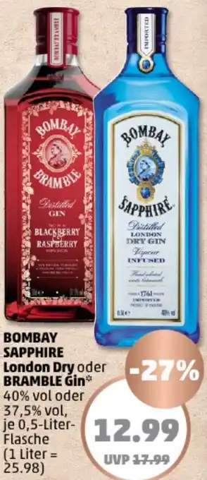 PENNY BOMBAY SAPPHIRE London Dry oder BRAMBLE Gin 0,5 Liter Flasche Angebot