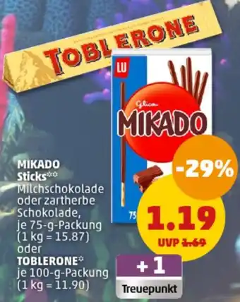 PENNY MIKADO Sticks 75 g oder TOBLERONE 100 g Packung Angebot