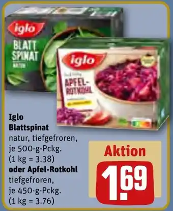 REWE Iglo Blattspinat 500 g oder Apfel Rotkohl 450 g Pckg. Angebot