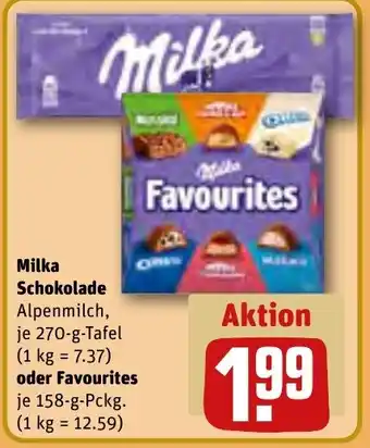 REWE Milka Schokolade 270 g Tafel oder Favourites 158 g Pckg. Angebot