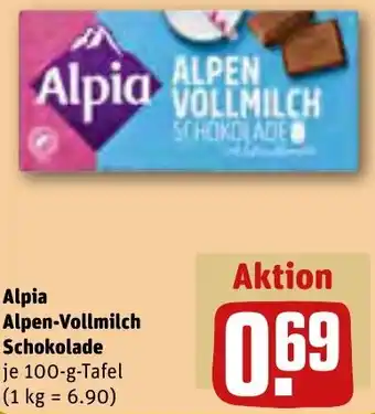 REWE Alpia Alpen-Vollmilch Schokolade 100 g Tafel Angebot