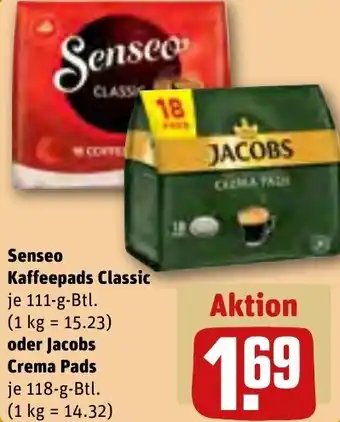 REWE Senseo Kaffeepads Classic 111 g oder Jacobs Crema Pads 118 g Btl. Angebot