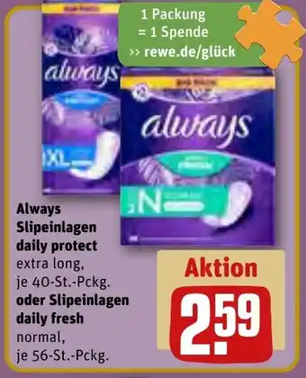 REWE Always Slipeinlagen daily protect 40-St. oder Slipeinlagen daily fresh normal 56 St. Pckg. Angebot