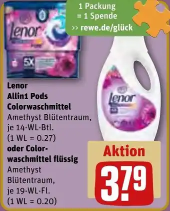 REWE Lenor Allin1 Pods Colorwaschmittel 14 WL oder Colorwaschmittel flüssig 19 WL-Fl. Angebot