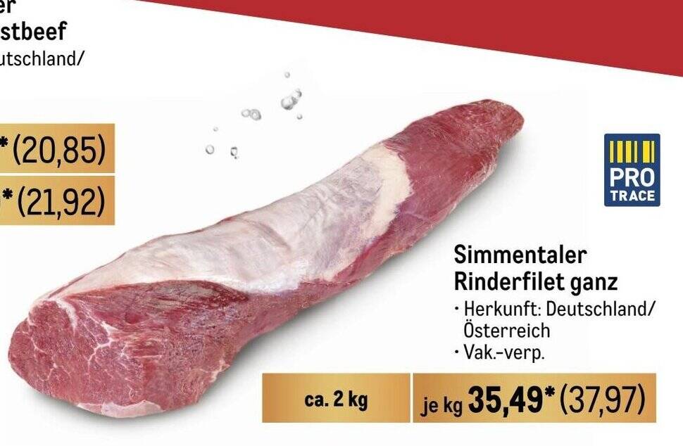 Simmentaler Rinderfilet ganz je kg Angebot bei METRO