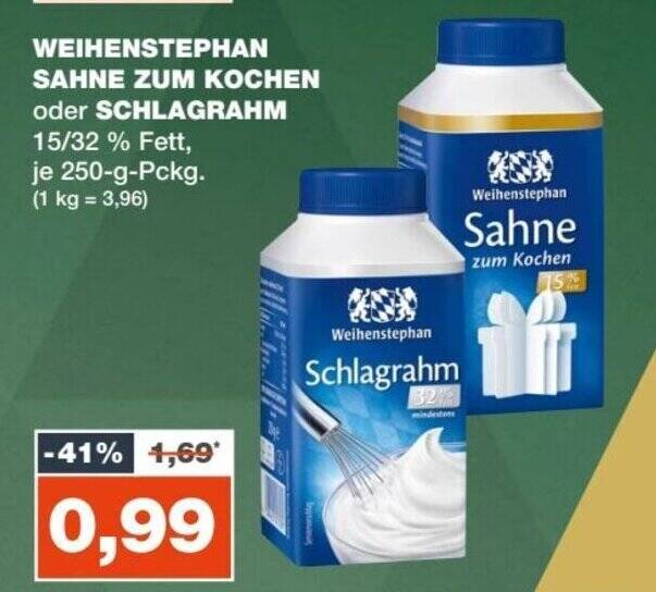 WEIHENSTEPHAN SAHNE ZUM KOCHEN oder SCHLAGRAHM je 250gPckg. Angebot bei mein real
