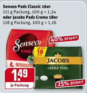 REWE Center Senseo Pads Classic 16er 111g oder Jacobs Pads Crema 18er 118g Angebot