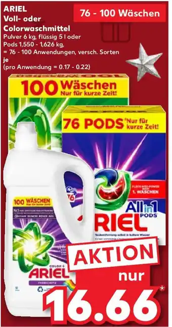 Kaufland ARIEL Voll- oder Colorwaschmittel 5 l oder Pods 1,550-1,626 kg Angebot