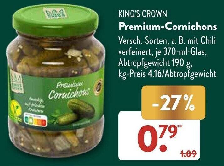 KING'S CROWN PremiumCornichons 370 ml Glas Angebot bei Aldi Süd