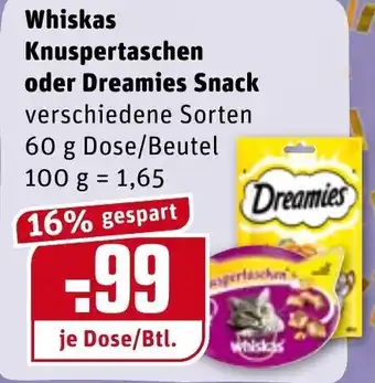 REWE Kaufpark Whiskas Knuspertaschen oder Dreamies Snack 60g Angebot