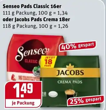 REWE Kaufpark Senseo Pads Classic 16er 111g oder Jacobs Pads Crema 18er 118g Angebot