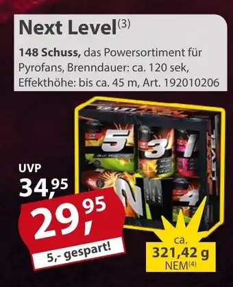 Sonderpreis Baumarkt Next Level 148 Schuss, das Powersortiment für Pyrofans, Brenndauer: ca. 120 sek, Effekthöhe: bis ca. 45 m Angebot