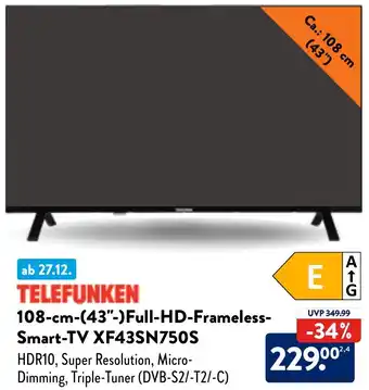 Aldi Nord TELEFUNKEN 108-cm-(43"-)Full-HD Frameless Smart-TV XF43SN750S Angebot